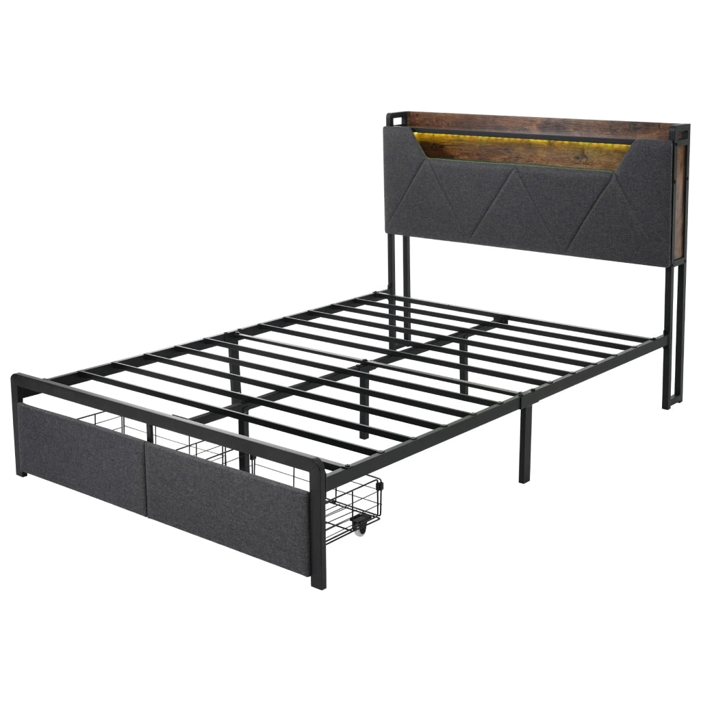 Letto matrimoniale imbottito 140x200 cm con LED; USB-C; testiera contenitore; 2 cassetti e rete; grigio