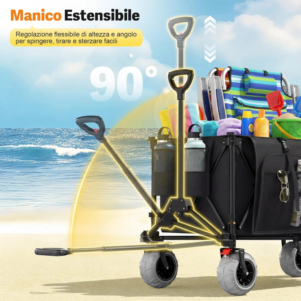 Carrello da Spiaggia Pieghevole 200L 150KG, Carrello Spiaggia per Tutti i Terreni con Ruote PU Extra Larghe 21.5x10 cm, Carretto Pieghevole Maniglia Regolabile 90° per Spiaggia, Campeggio(Nero)