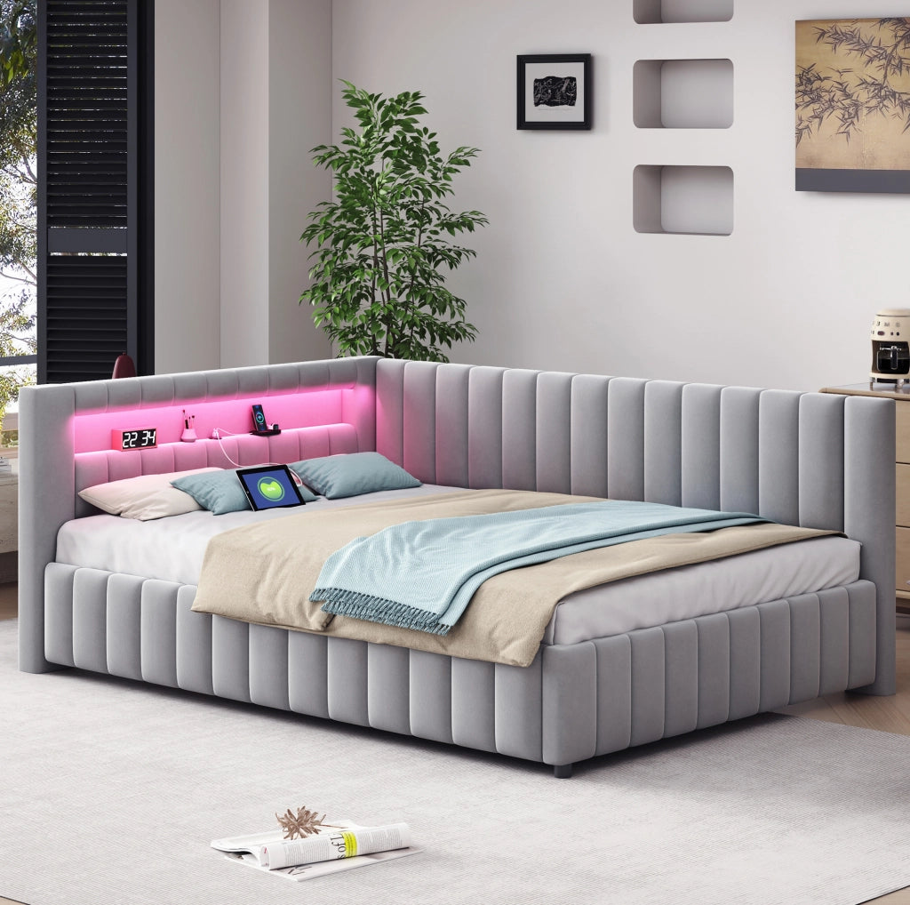 Divano letto 140x200 cm con LED e USB; velluto grigio (Senza materasso)