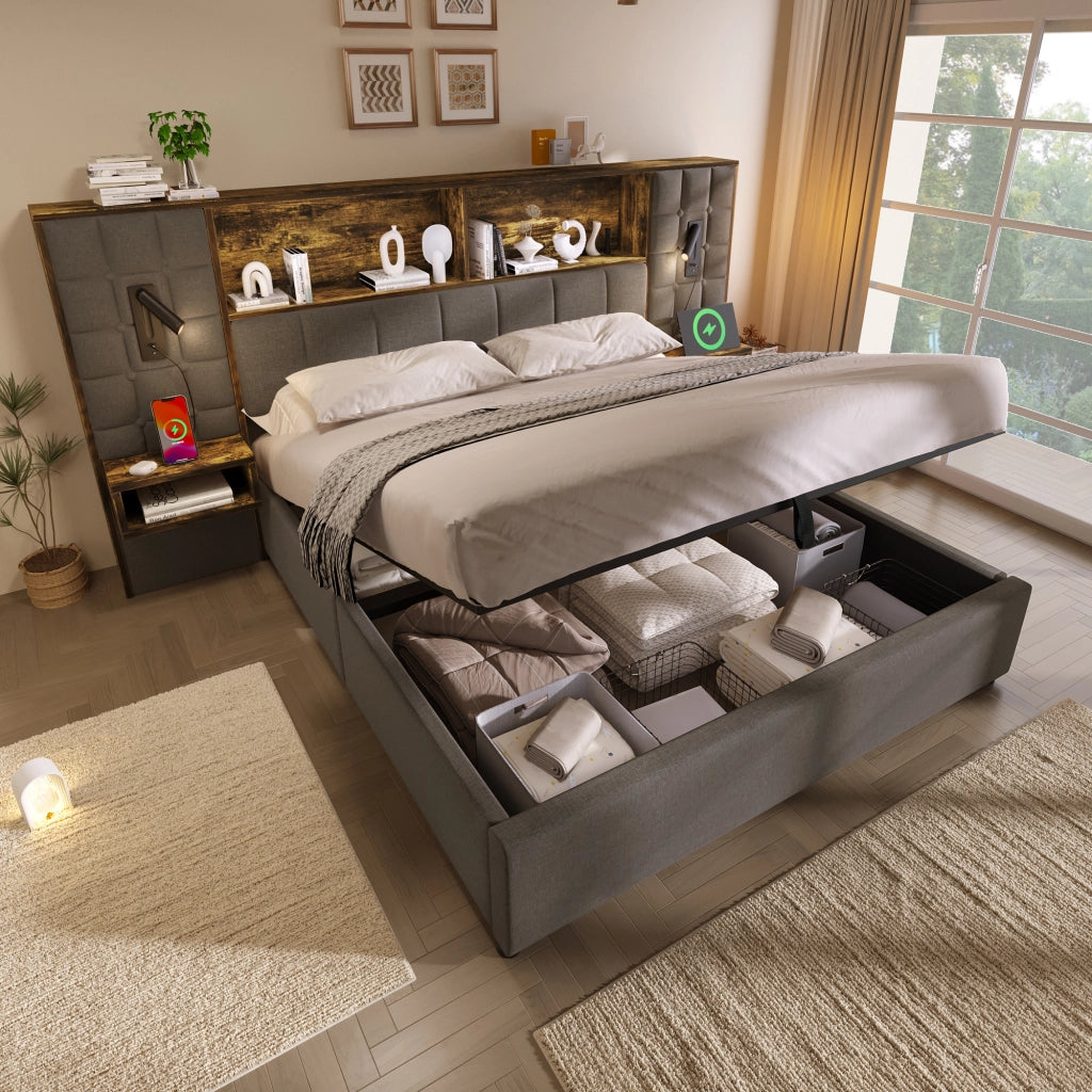 Letto Contenitore 180 x 200 cm; Letto Matrimoniale - USB; Type-C; 2 Lampade e 2 Comodini - Grigio