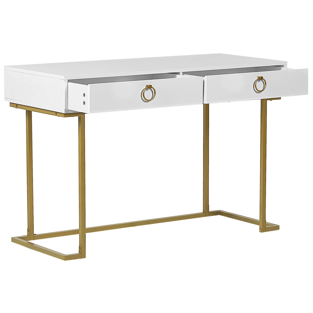 Consolle Bianco 2 Cassetti con Maniglie ad Anello Base in Metallo Dorato smart working Tavolo da Salotto Comò Camera da Letto Glam