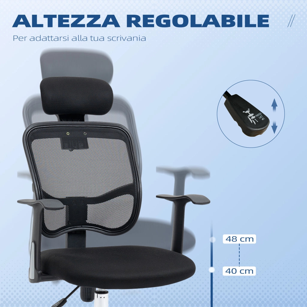 Sedia da Ufficio Ergonomica con Poggiatesta 63x62x106-114 cm in Poliestere e Acciaio Nero