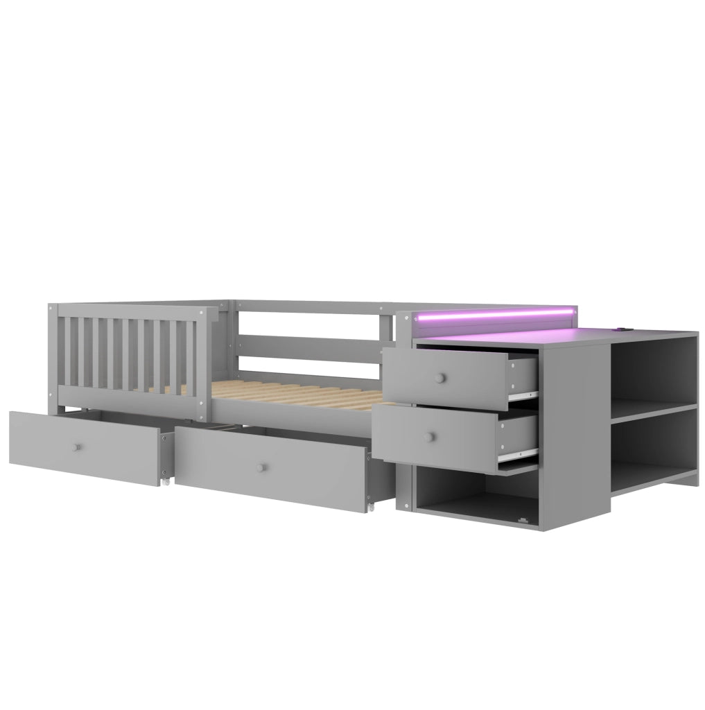 Letto a soppalco 90 x 200 cm con contenitore indipendente; presa integrata e LED; grigio