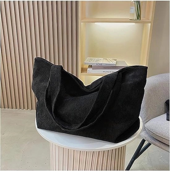 Borsa da Spalla in Corduroy con Cerniera Ritagliabile Borsa Reutilizzabile per Spesa Borse Casual da Spalla per Donne Borsa da Scuola Borsa per Libri Borsa per Laptop, Nero