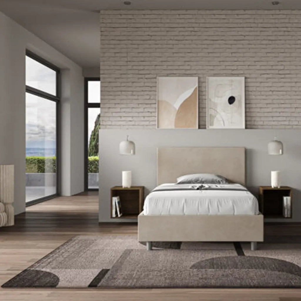Letto una piazza e mezza con rete imbottito 120x190 microfibra sabbia Adele