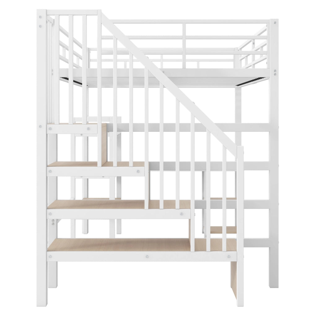 Letto a soppalco in metallo 140x200 cm con scala; scrivania integrata; ripiani e LED; bianco