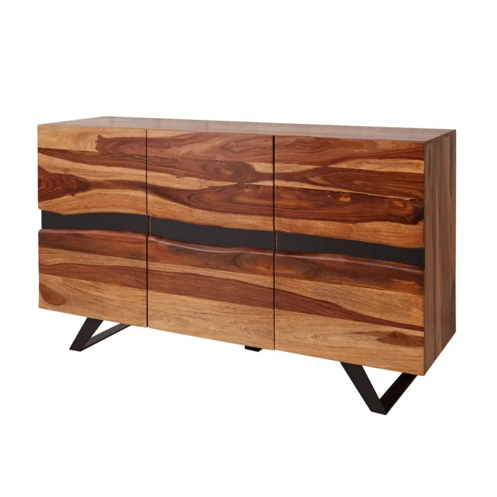 Buffet ORKAN 150 cm – Legno massiccio di Sesham e metallo nero – 3 porte design industriale