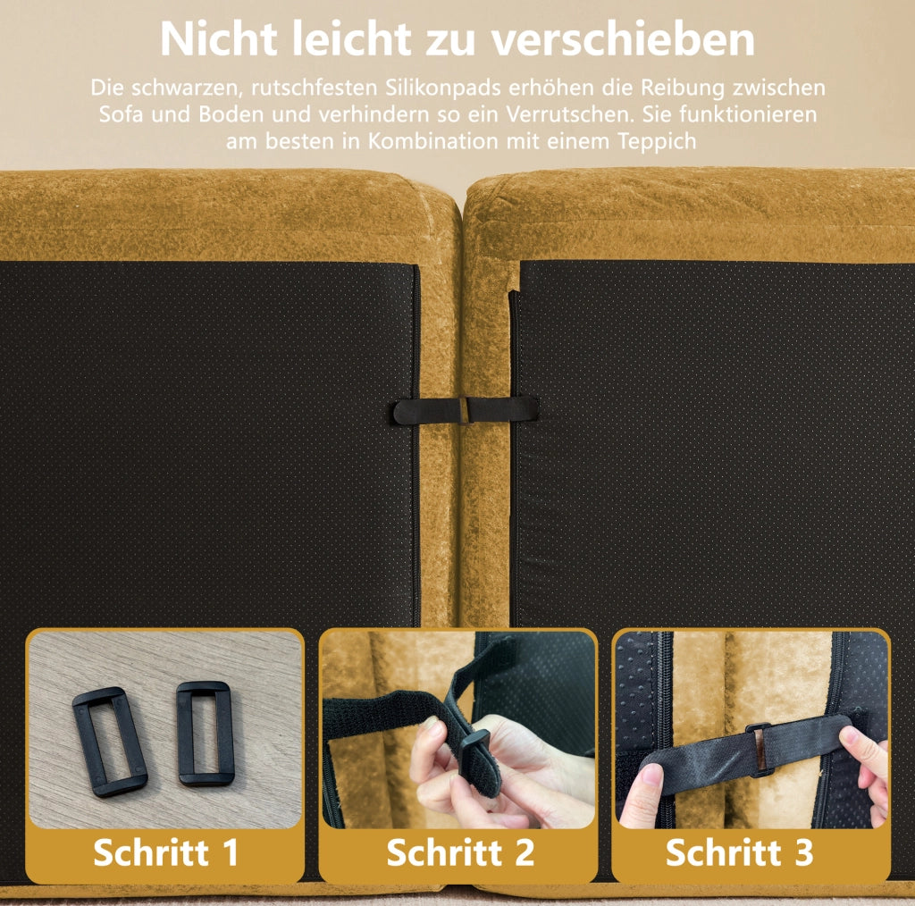 Divano modulare 2 posti con pouf in chenille gialla; 204x171x76 cm