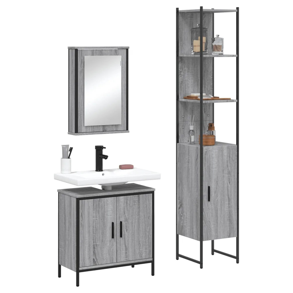 Set Mobili da Bagno | Armadio da bagno 3 pz Grigio Sonoma in Legno Multistrato