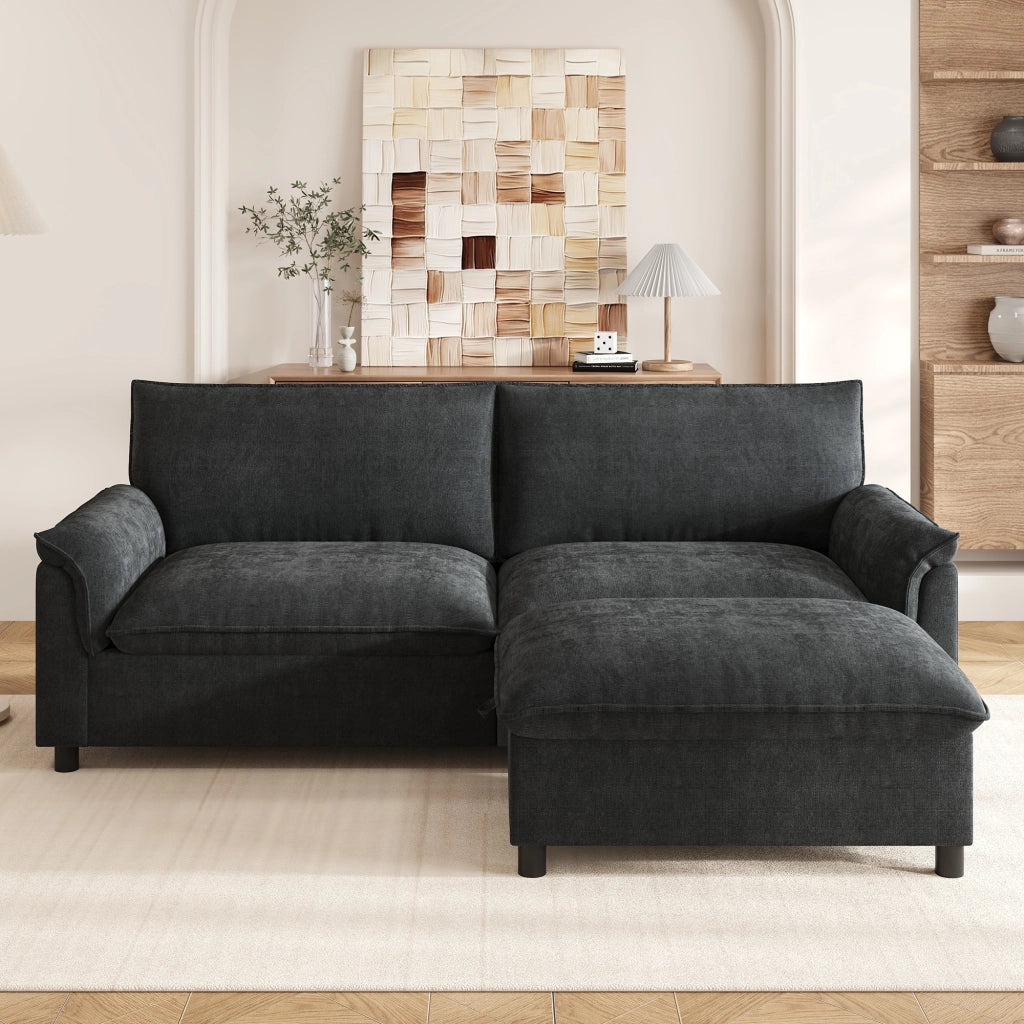 Divano componibile, divano ad angolo, cuscini extra large e confortevoli, con poggiapiedi rimovibile, nero