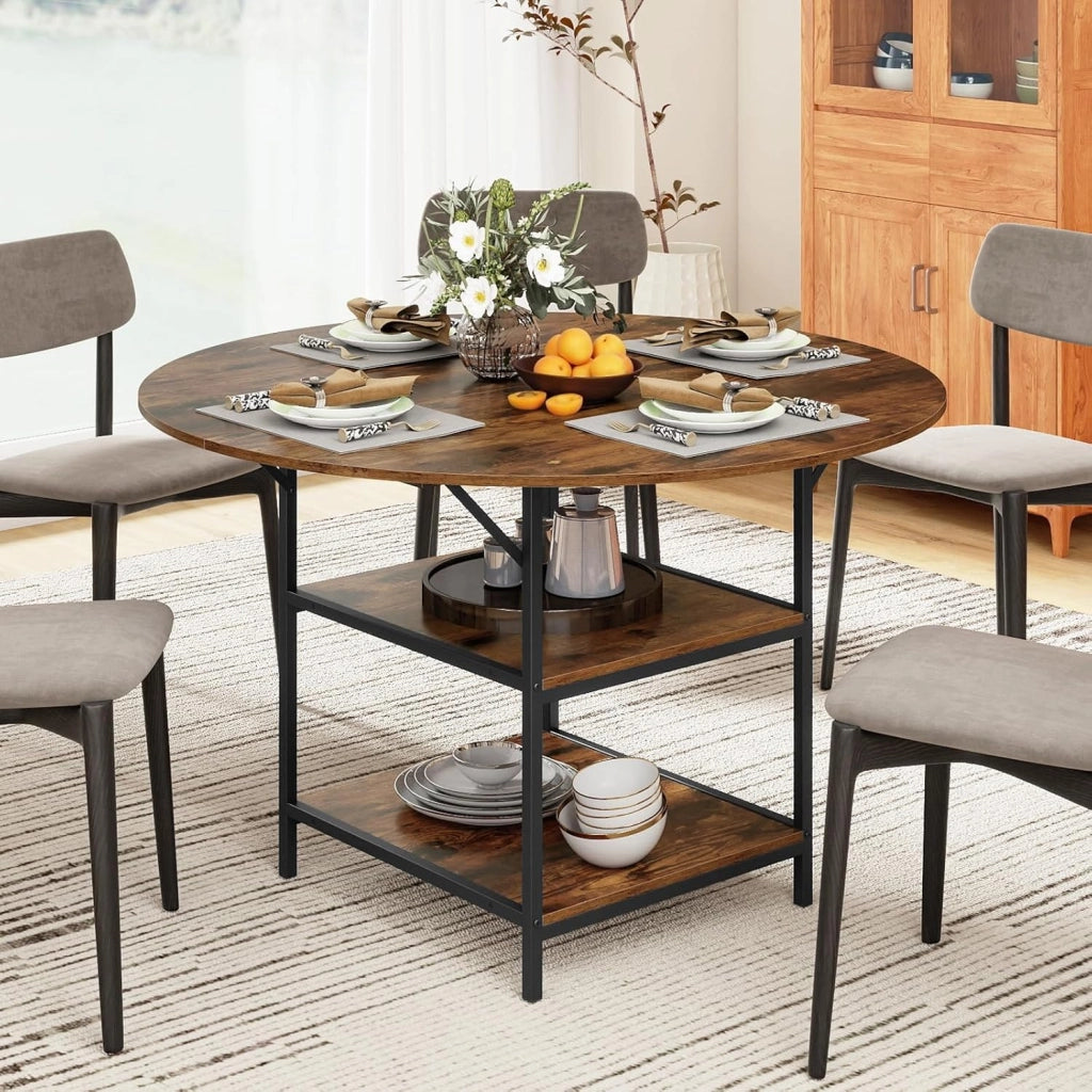 Tavolo da Pranzo Rotondo Ø 120 cm, adatto per 4-6 Persone, con 2 Ripiani, Piano Effetto Legno e Struttura in Metallo, Stile Industriale, Ideale per Cucina e Sala da Pranzo