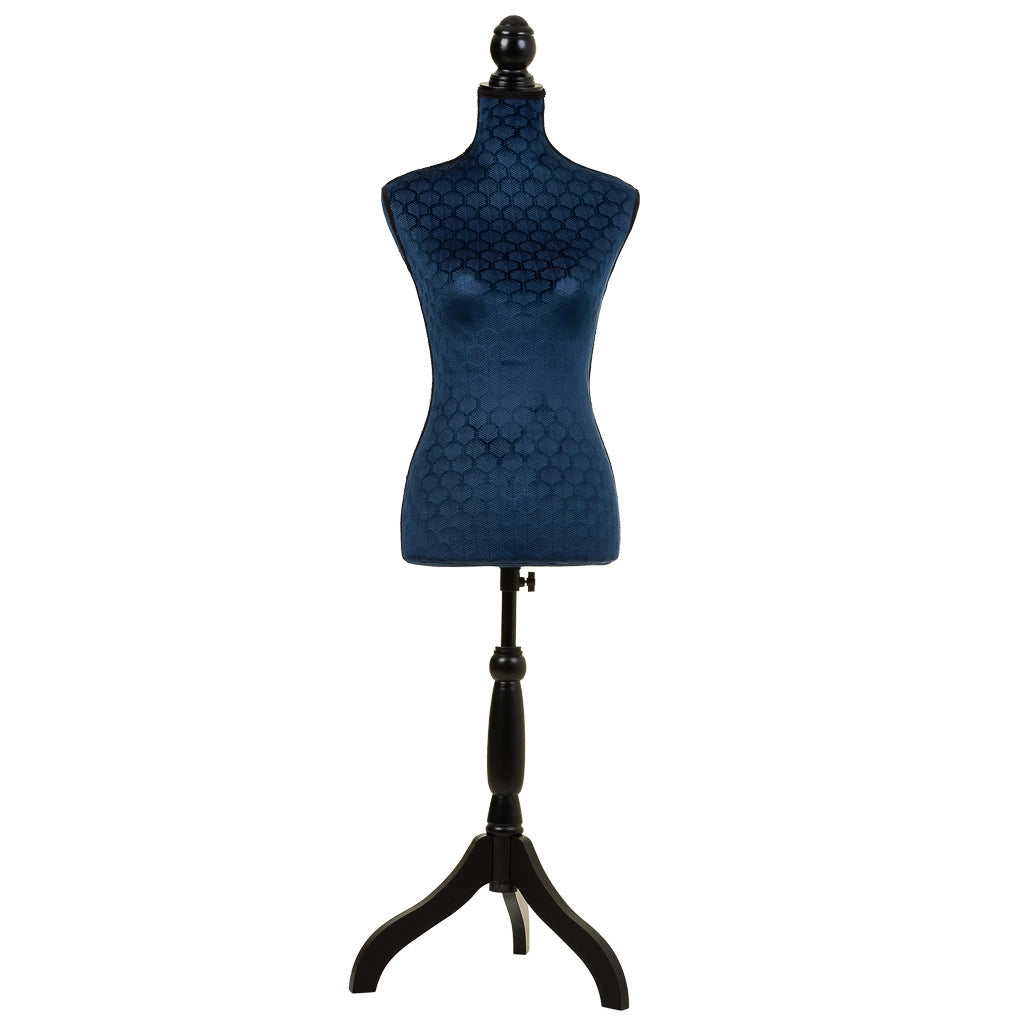 Manichino in legno e schiuma rivestito in tessuto blu 24x37,5x168h