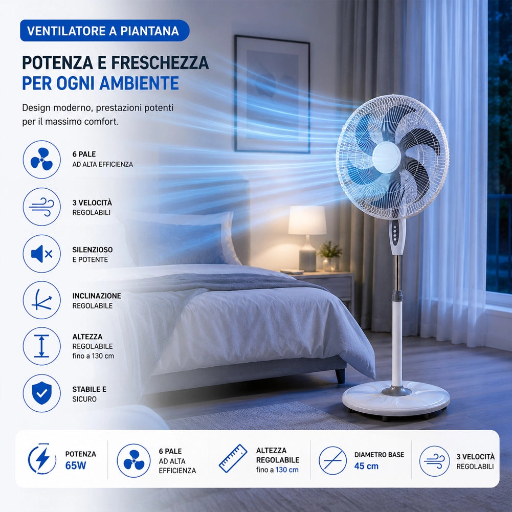 Ventilatore a Pianta Base Tonda Anti Ribaltamento Altezza 130 cm 65W e 6 Pale