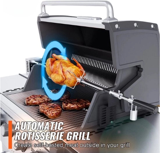 Rotisserie Luxe Universale in RVS XXL 101 cm con Spiedi per BBQ e Grill, Motore 9W Potente, Portata Massima 12kg