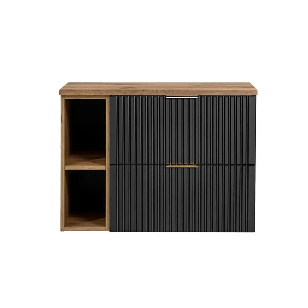 Insieme mobile sottolavabo NOXERA 80 cm - Nero opaco e quercia - 2 cassetti + 2 nicchie + piano per lavabo