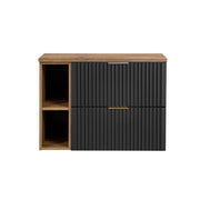 Insieme mobile sottolavabo NOXERA 80 cm - Nero opaco e quercia - 2 cassetti + 2 nicchie + piano per lavabo