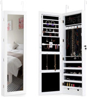 Armadietto Portagioie con 15 LED da Appendere alla Porta, Armadietto a Specchio Chiudibile con Specchio Completo, 5 Scomparti e 2 Cassetti, 120x36,5x10 cm, Bianco