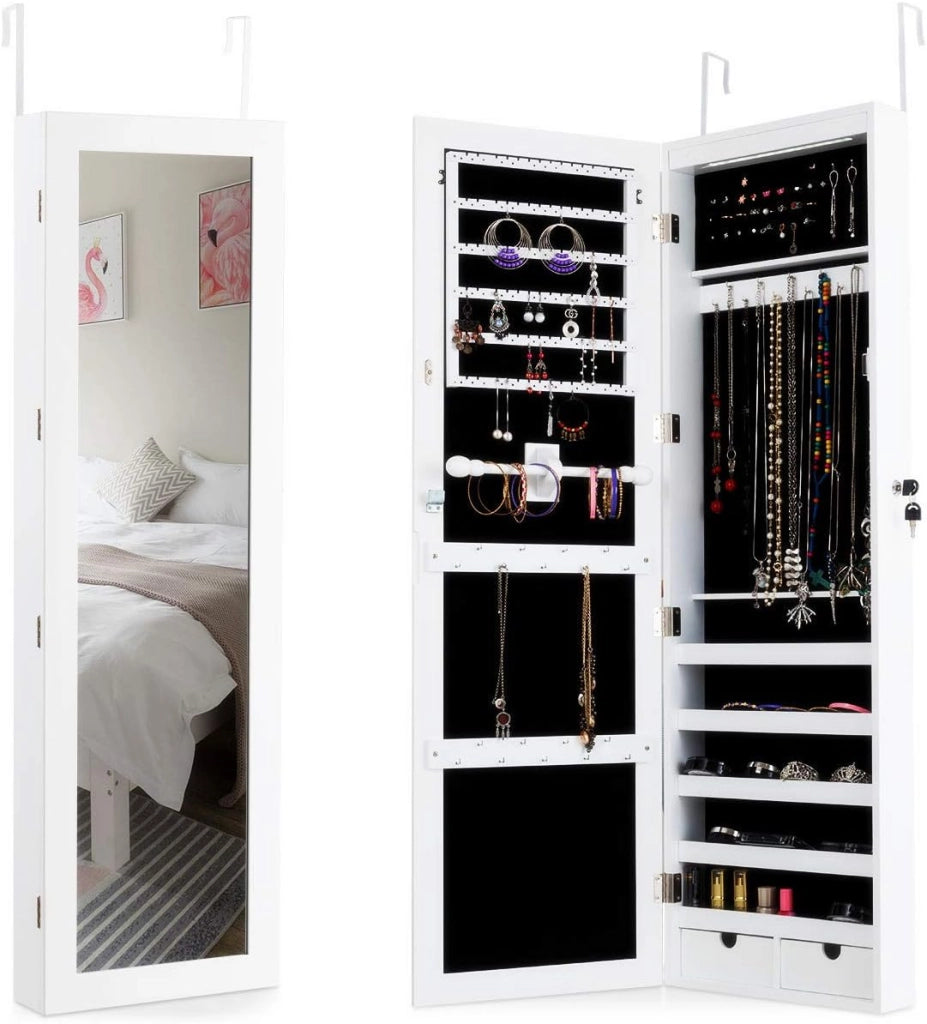 Armadietto Portagioie con 15 LED da Appendere alla Porta, Armadietto a Specchio Chiudibile con Specchio Completo, 5 Scomparti e 2 Cassetti, 120x36,5x10 cm, Bianco