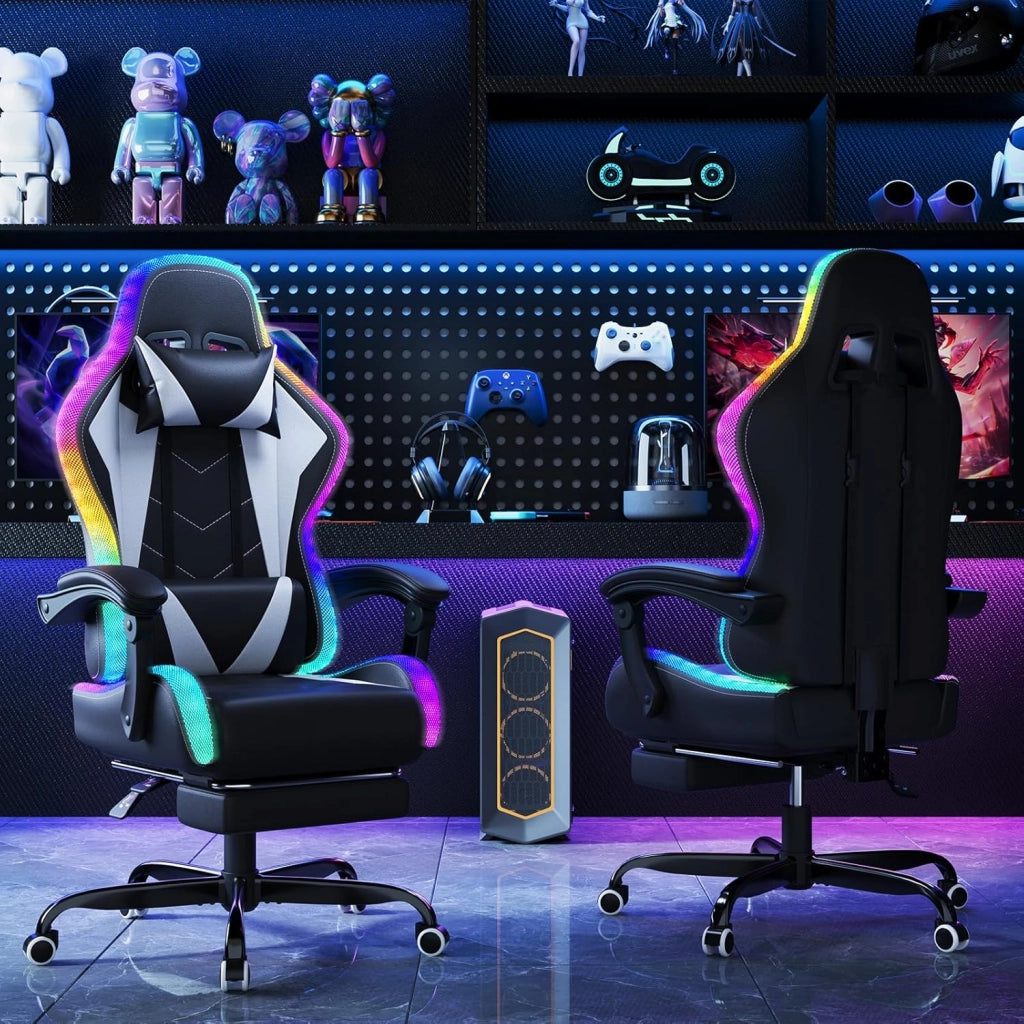Sedia da Gaming con Massaggiante Schienale Regolabile 90-135°, Sedia Gaming con LED e Poggiapiedi Telescopico,Poltrona Gaming Ergonomica Portata 150 kg (Bianca)