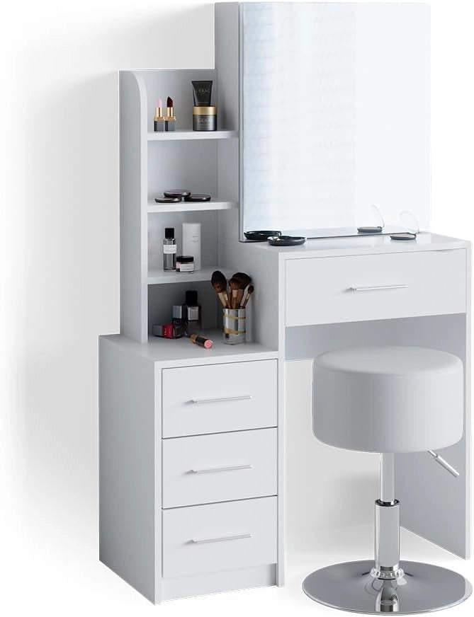 Vicco Tavolo da toeletta Conrada, Bianco, 80 cm con sgabello, adatto per l'organizzazione di articoli cosmetici e accessori
