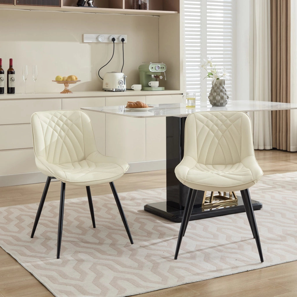 Sedia da pranzo, set da 2, ecopelle, motivo trapuntato 3D, gambe in metallo, bianco crema