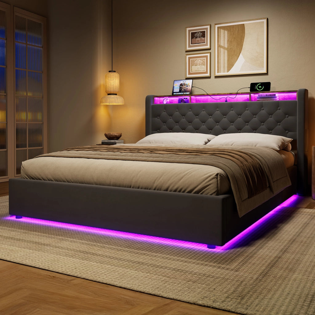 LETTO Imbottito 160 x 200 cm in Velluto Grigio Scuro con Contenitore