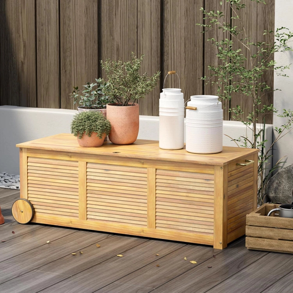Contenitore per cuscini in legno di acacia, 182 l, con ruote, con tasca interna, cassapanca da giardino con manico, 127 x 50 x 45 cm