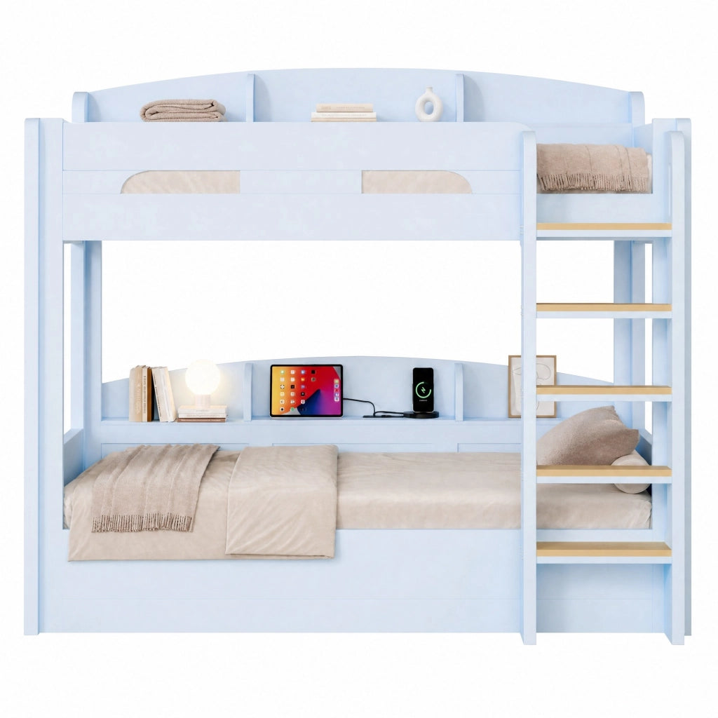 Letto a Soppalco 90x200 cm; Letto 2 Posti - USB e Mensole - in Legno Massello e MDF - Blu