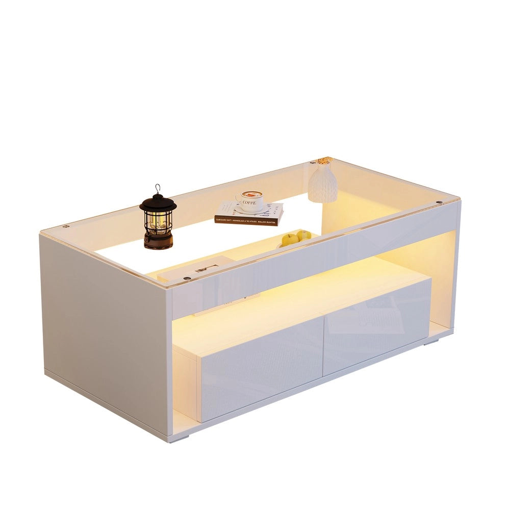 Tavolino da Caff¨¨ con LED e Cassetti ¨C MINIMAL ¨C Vetro Bianco Lucido 100x50x40