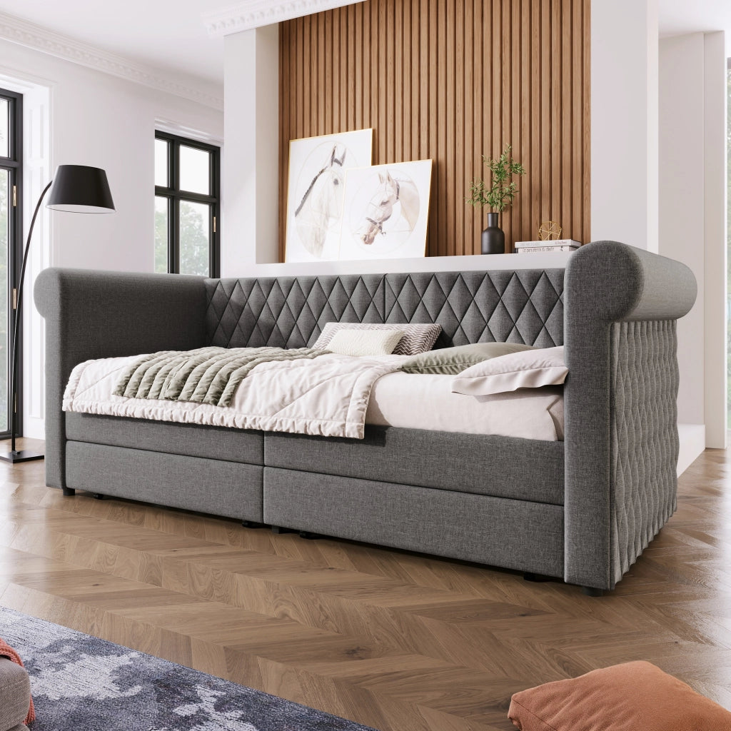 DESMIU Letto divano 90 × 200 cm 1 posto con 2 cassetti e schienale curvo, senza materasso, in lino, grigio