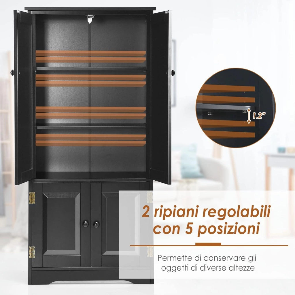 Mobile Multiuso, Armadio da Soggiorno, Credenza da Cucina in Legno, con 4 Ripiani, 58,5 x 31,4 x 123cm, Bianco e Nero (Nero)