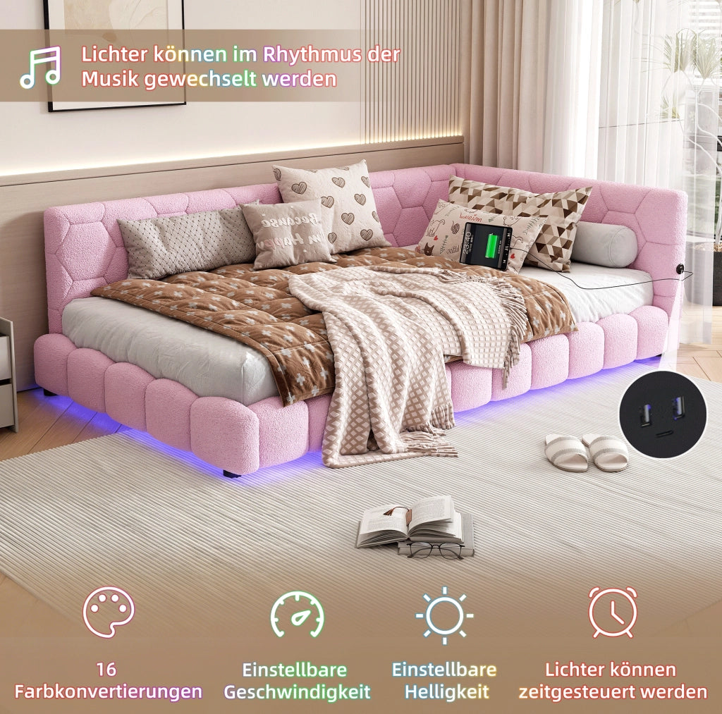Divano letto singolo con LED regolabile; USB e Type-C; 90 x 200 cm; velluto rosa