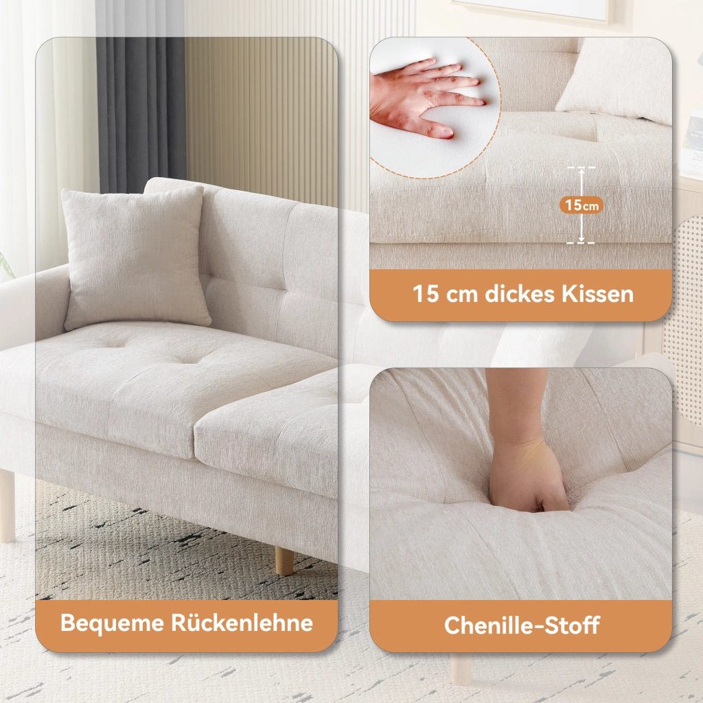 Divano 2 Posti con Cuscini Spessi e Braccioli Ergonomici in Ciniglia Beige 162 × 74 × 77 cm