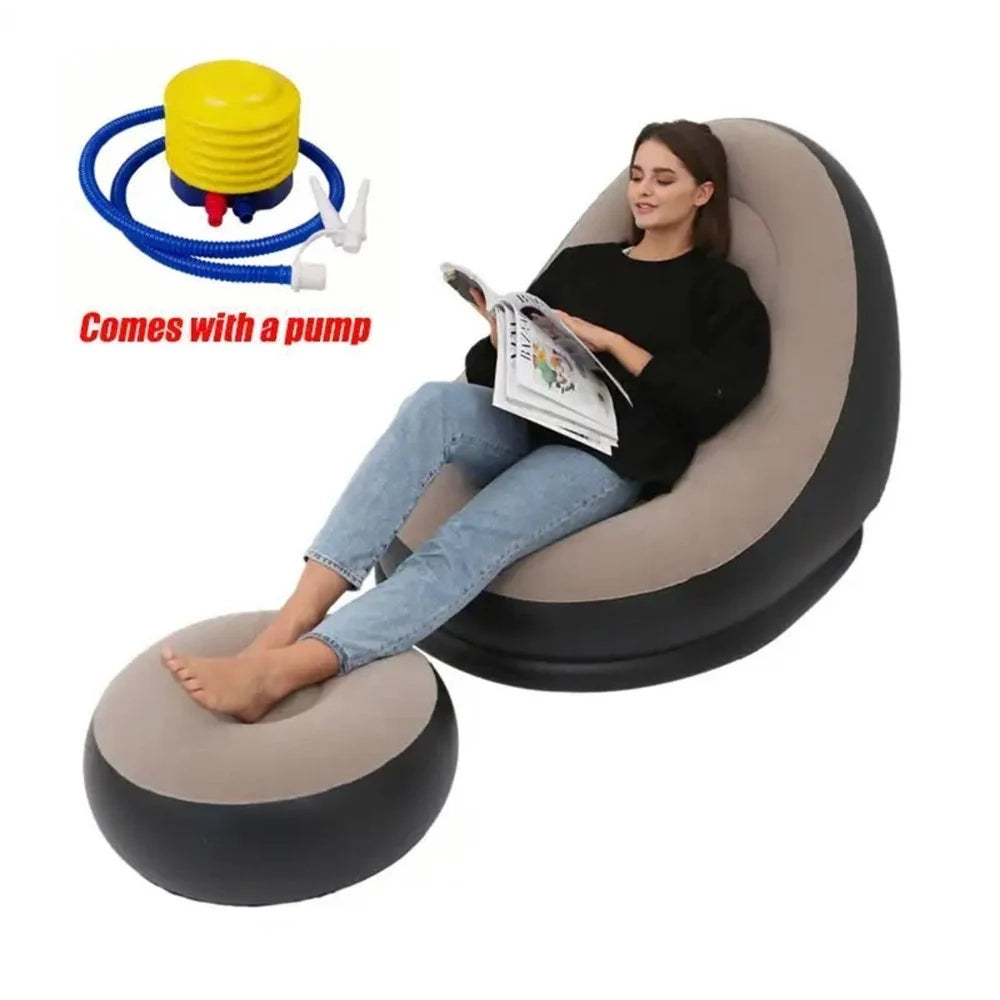 Trade Shop - Sedia Gonfiabile Poltrona Lounge Con Sgabello Portatile Pvc Floccato Per Campeggio -