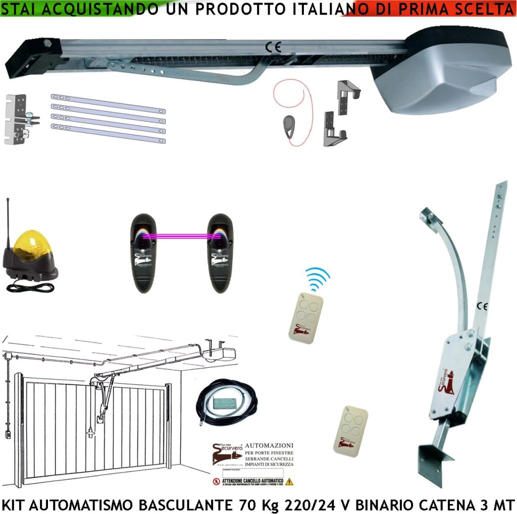 Cler Basculante 70 Kg Kit Automatismo Motore 220/24 V da Soffitto Faro Antenna Binario Alluminio Catena Acciaio 3 Metri Cordino Per Sblocco Pattino 2 Radiocomandi Archetto Oscillante Luce di Cortesia