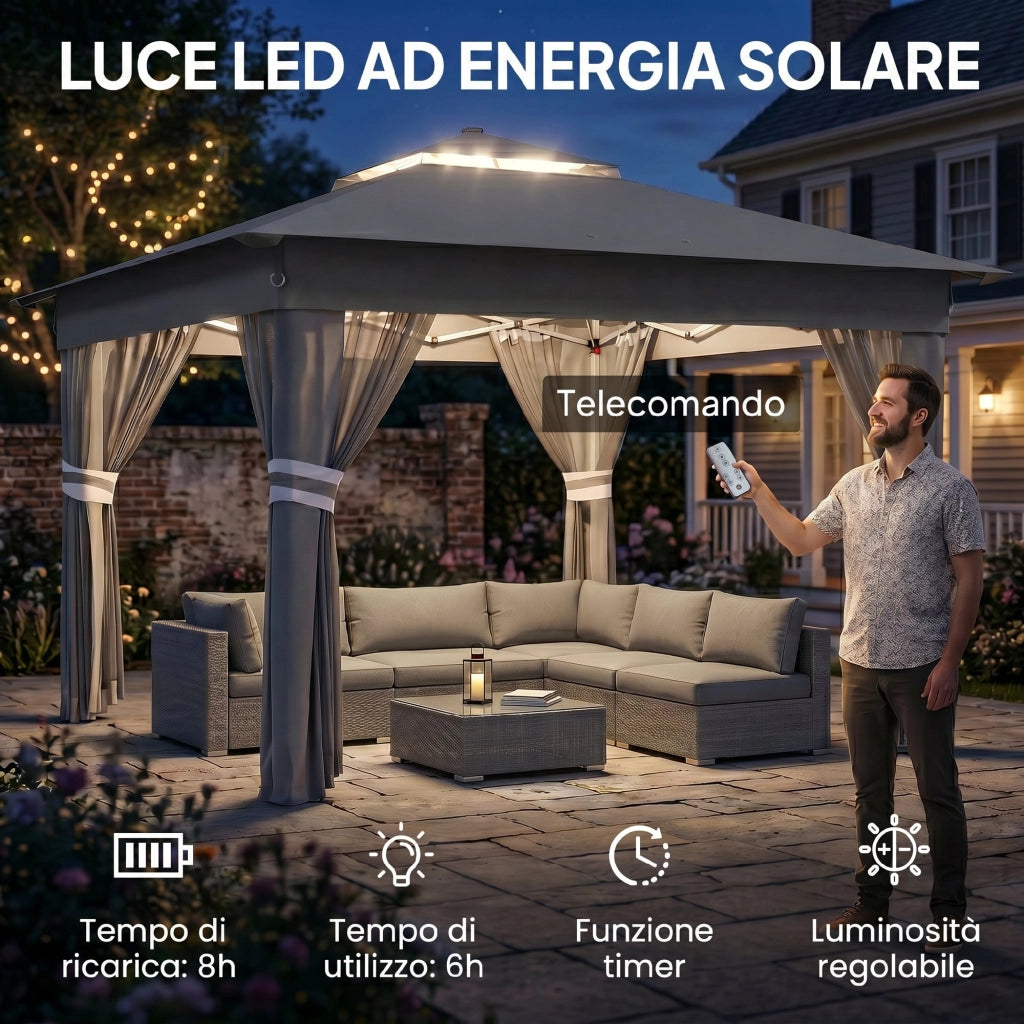 Gazebo da Giardino ad Altezza Regolabile con Luci LED, in Acciaio e tessuto Oxford, 336x336x250-270 cm, Grigio