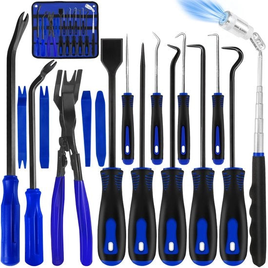 Set di ago e gancio 17 pezzi, set di pick per O-ring, raschiatore, attrezzo telescopico, martello magnetico, set di punte per decorazione, attrezzo per lavorazione di pannelli di porta auto, attrezzo di installazione, rimuovitore clip (blu)