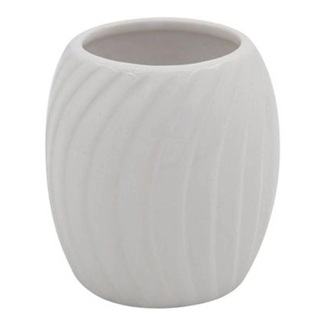 Trade Shop - Bicchiere Portaspazzolini In Ceramica Rigata Bianca Accessori Arredo Bagno 79958 -