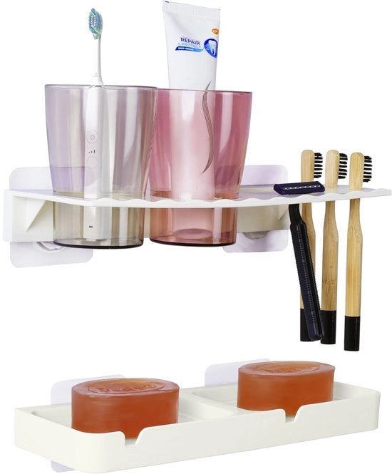 Organizzatore per la Bagno - Tampone da Denti e Sapone - Adesivo - Bianco - Autoadesivo - Adatto per Spazzole Elettriche - Incluso Kit di Montaggio