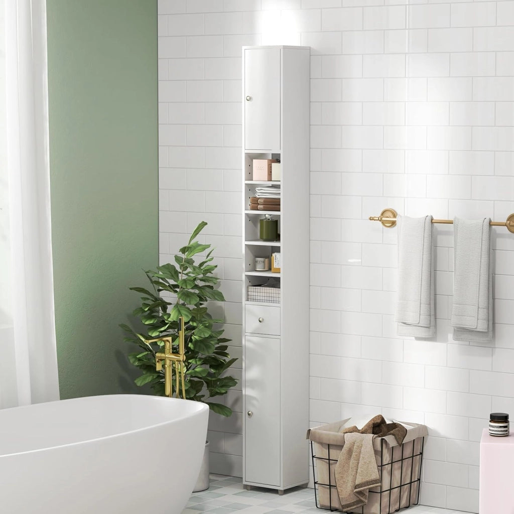 Armadio da Terra Alto, Mobile Colonna Bagno con 2 Ante 1 Cassetto e 5 Ripiani Regolabili, Mobile Bagno Salvaspazio per Bagno Soggiorno Camera da Letto, 20x20x180cm (Bianco)