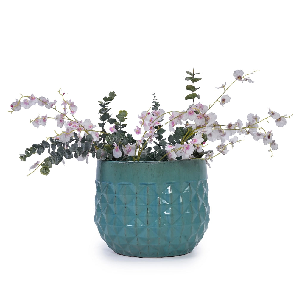 Set di 3 vasi in ceramica smaltata turchese, design geometrico, per interni ed esterni