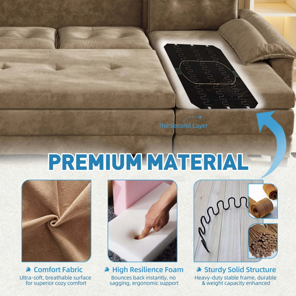 Divano Letto Angolare Modulare ¨C MINIMAL ¨C Velluto Cammello, USB, Braccioli Removibili, 278 cm