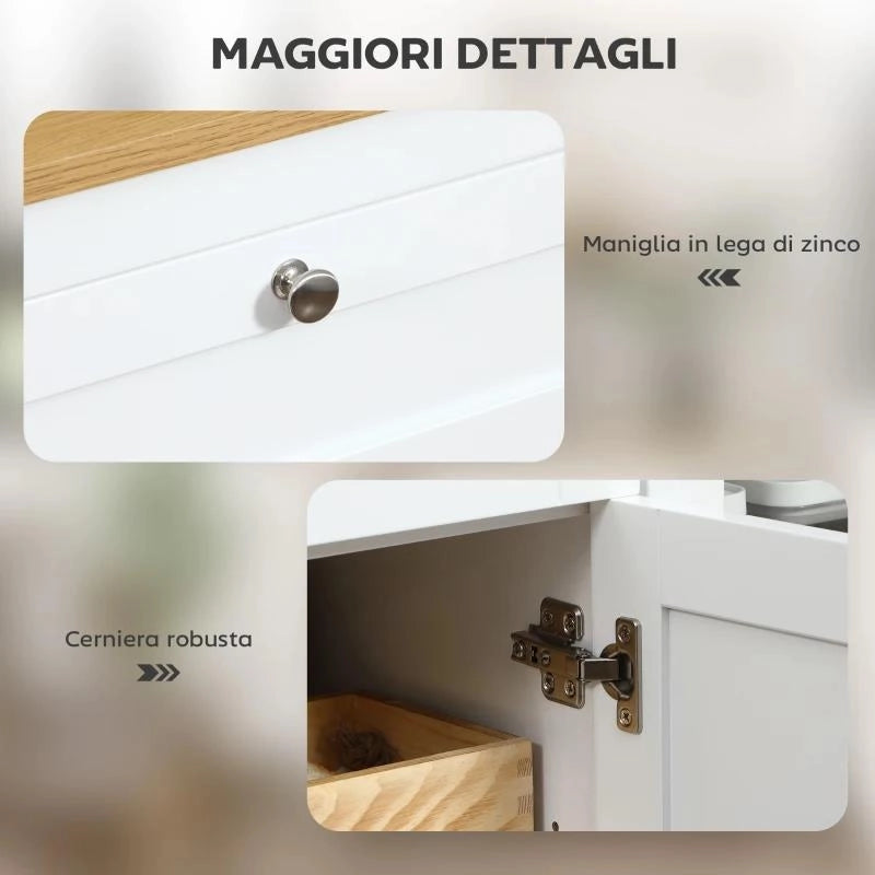 MOBILE CUCINA CON 2 CASSETTI E 3 ARMADIETTI, ANTE IN VETRO E RIPIANI REGOLABILI, 120X40X90 CM, BIANCO E ROVERE