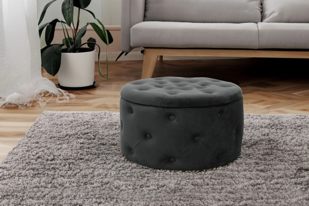 Pouf a scomparto rotonda in velluto trapuntato AKORD ALIA colore Nero