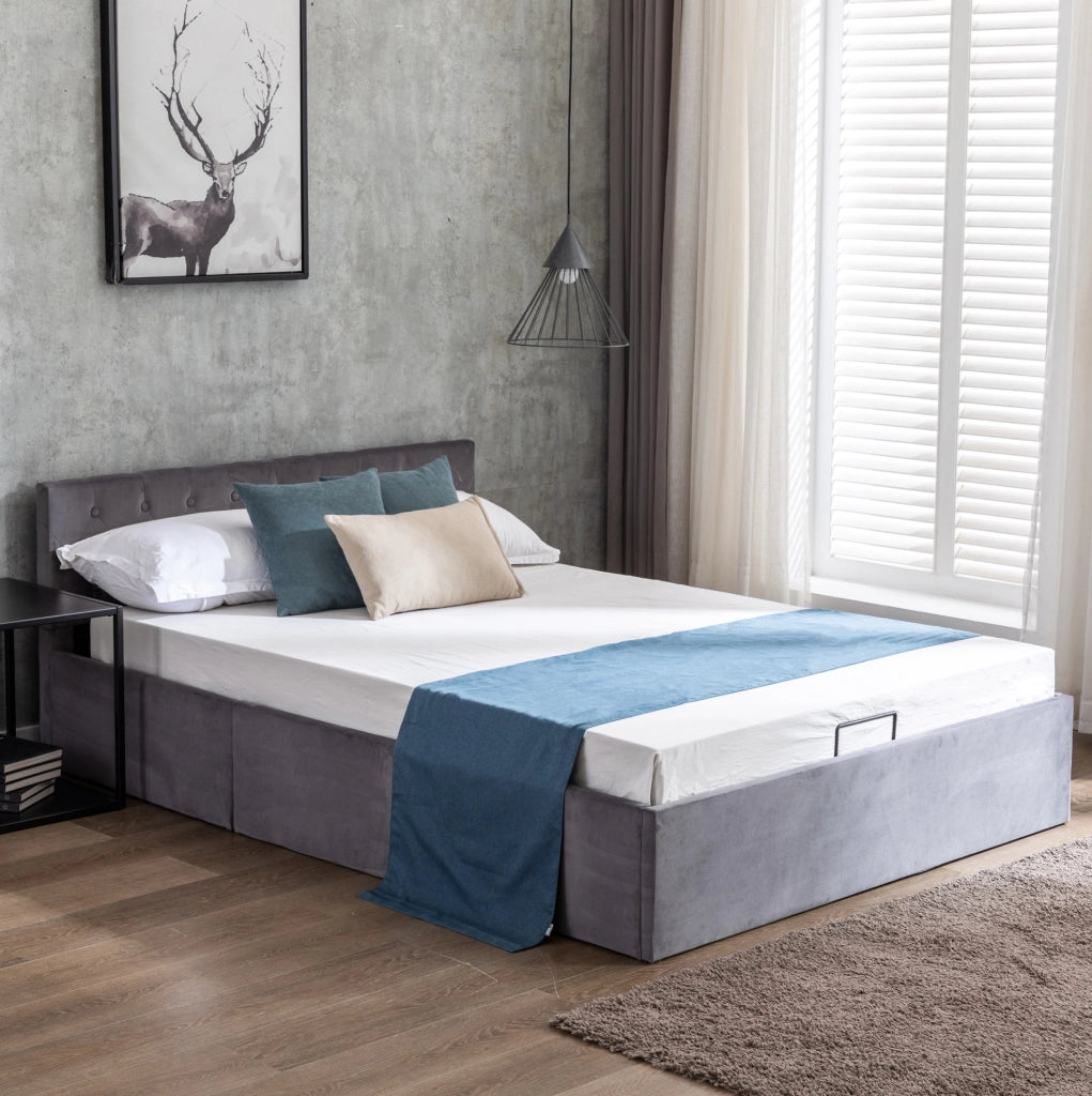 Letto imbottito in velluto grigio 140x200 cm con testiera capitonn茅 e contenitore idraulico