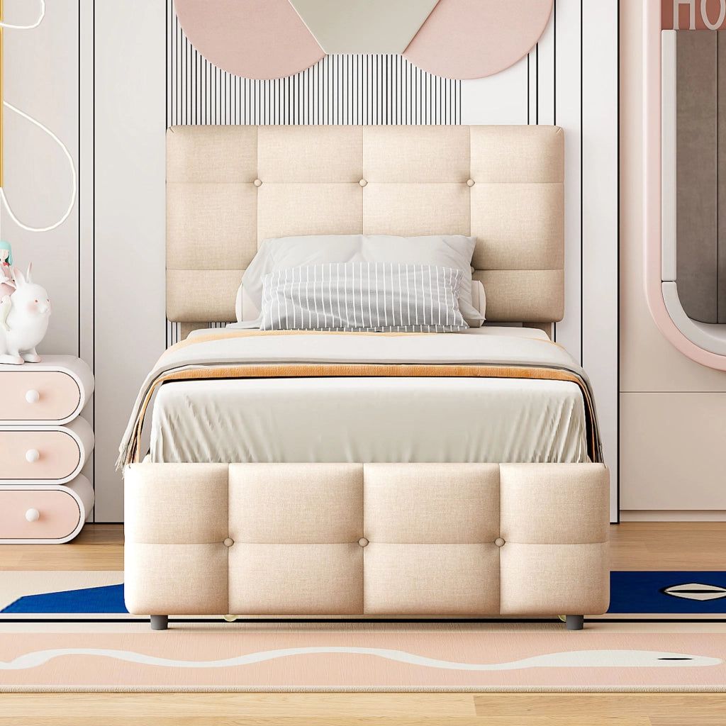 Letto imbottito per bambini 90x200 cm con letto estraibile; testiera regolabile; beige