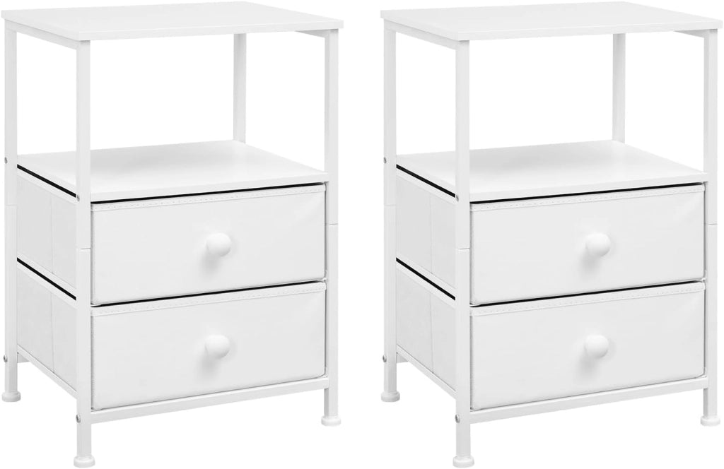 Set di 2 Comodini Camera da Letto, Comodini Bianchi con 2 Cassetti in Tessuto e 1 Scomparto Aperto, Tavolino Basso da Salotto, Moderno, in Legno Metallo, 40x30x60 cm