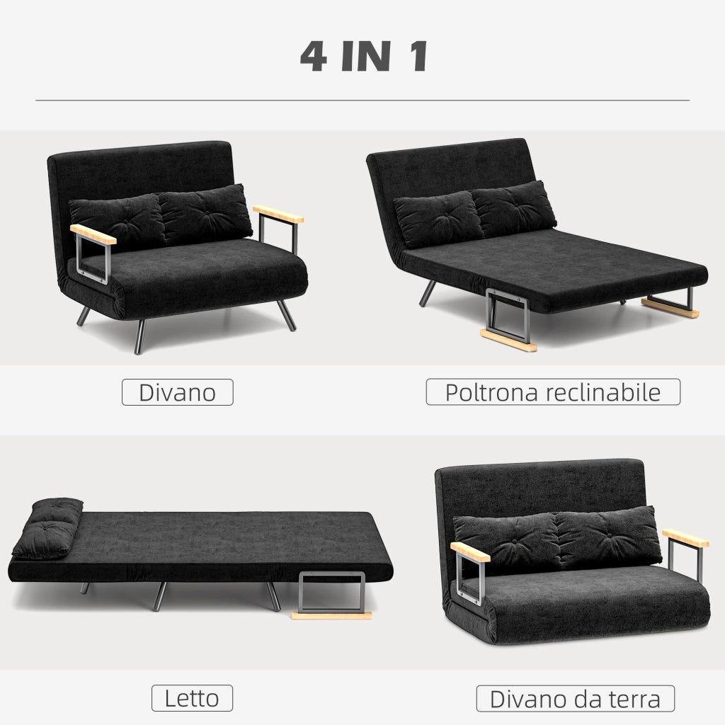 Divano Letto 3 Posti in Tessuto Velluto con Schienale Regolabile e Cuscini ¨C Zephmum ¨C Nero, 102x73x81 cm