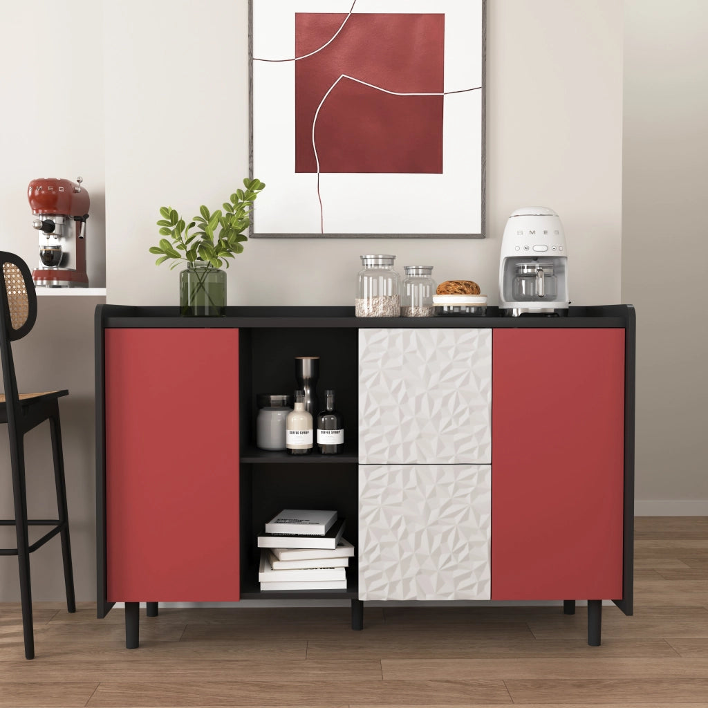 Credenza con 2 Cassetti; 2 Vani Aperti e 1 Anta per Sala da Pranzo in MDF 120 × 40 × 80 cm Nero e Rosso