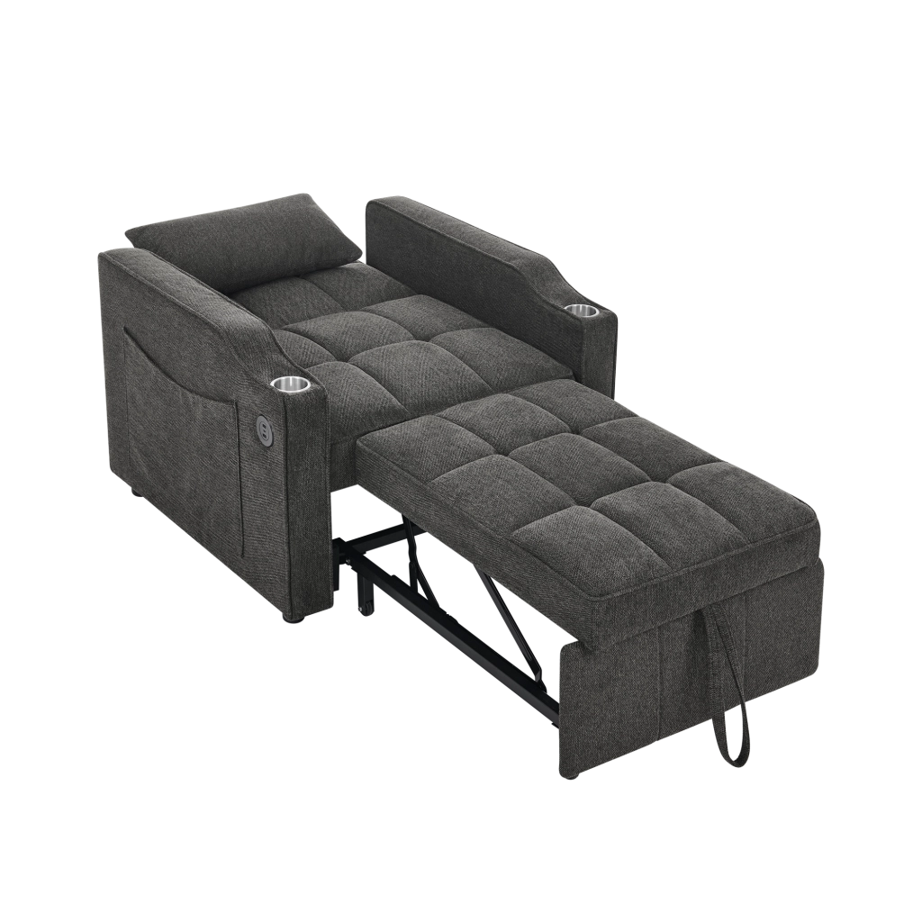 Poltrona letto 190cm 3 in 1 con schienale regolabile USB e USB C in legno e tessuto